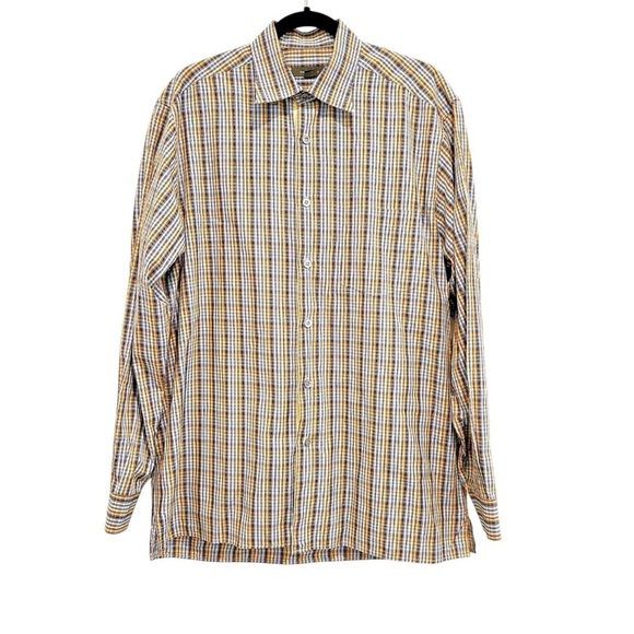 Ermenegildo Zegna Dress Shirt Size Large Blue Yellow Check Long Sleeve Luxury - Picture 1 of 5